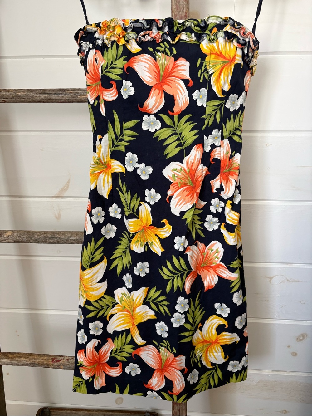Ralph Lauren Black Strapless Kids Dress with Orange & Yellow Floral Print